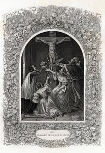 Aleksanteri VII (Aleksanteri tai Alessandro) (paavi 1655-1667) Kristuksen juurella. Maurice Lachatren (1814-1900), Librairie du progress, Pariisin Histoire des Popes -teoksen havainnollistava kaiverrus. tekijältä French School