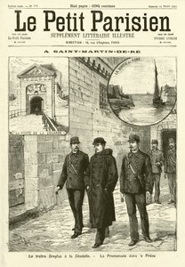 Alfred Dreyfus vankilassa Saint-Martin-de-Ressä, Ranskassa (kaiverrus) tekijältä French School