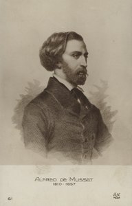 Alfred de Musset, ranskalainen näytelmäkirjailija, romaanikirjailija ja runoilija (litografia) tekijältä French School