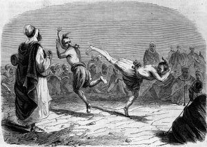 Algerialainen tapa: arabialainen tanssi. Piirustus herra Rigo, pataljoonan johtajan Amelerin luonnoksen pohjalta. Kaiverrus "" Le Monde Illustré" -julkaisussa nro 86, 11. joulukuuta 1858. tekijältä French School