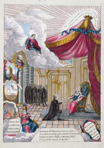 Allegoria Jacques Neckerin (1732-1804) Ludvig XVI:lle (1754-93) antamasta raportista vuonna 1781 (värikaiverrus) tekijältä French School