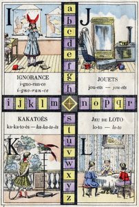 Aakkoset ja kirjain I J K ja L, tietämättömyys, lelut, kakatot ja lottopeli. Pienten tyttöjen ABC. Epinaalinen kuvantaminen tekijältä French School