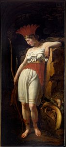 Amerikan uuden maailman allegoria nuorena intianaisena, jolla on höyhenet, jousi ja nuolet. 1800-luvun ranskalaisen koulukunnan maalaus. La Rochelle, Uuden maailman museo tekijältä French School