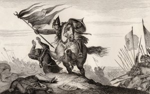 800-luvun ranskalainen ritari taistelussa, Colartin "Histoire de France", julkaistu noin vuonna 1840 (kaiverrus). tekijältä French School