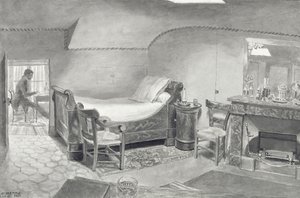 Taiteilijan ullakkosisustus Pariisissa, n. 1830 (kynä & seepiamuste ja seepia wc paperilla) tekijältä French School