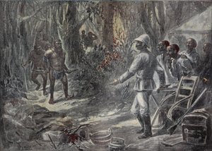 Englantilainen matkailija Lloyd löytää Pygmeest tutkiessaan Afrikkaa. Kaiverrus "" Le Pelerin" -kirjaan 8/04/1899. tekijältä French School