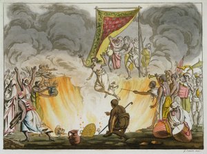 Intialainen leski palaa kuoliaaksi aviomiehensä ruumiineen, levy 30 Intiaa käsittelevästä kirjasta, kaiverrus Gaetano Zancon (1771-1816) tekijältä French School