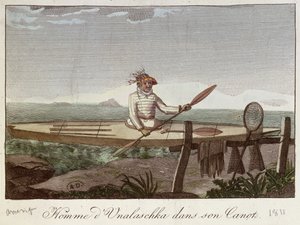 Unalaskan saaren asukas kanootissaan, 1811 tekijältä French School