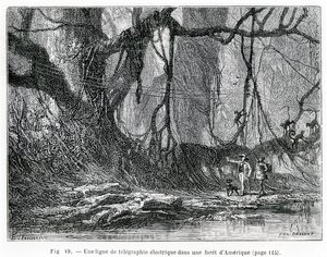 Sähköinen lennätinlinja amerikkalaisessa metsässä, n. 1870 (kaiverrus) tekijältä French School