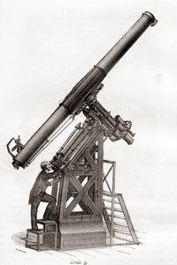 Päiväntasaajan teleskooppi Pariisin observatoriossa, Ranskassa 1800-luvulla, Les Merveilles de la Science -julkaisusta, julkaistu noin 1870 (kaiverrus) tekijältä French School