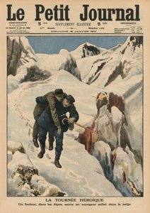Sankarillinen kierros, alppipostimies pelastamassa lumeen juuttunutta matkustajaa, etukannen kuvitus Le Petit Journalista, liitekuva, 18. tammikuuta 1914