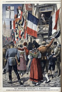Vanha ranskalainen sotilas Saksan miehittämässä Strasbourgissa saa näyttää Ranskan lippua - "Le Petit Journal" 20. syyskuuta 1908 (kaiverrus) tekijältä French School