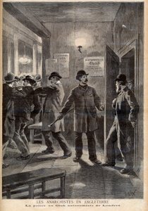 Anarkistit Englannissa. Poliisi teki ratsian Lontoon Autonomy Clubiin. Anarkistit Englannissa. Poliisi Lontoon Autonomist Clubissa. Kuvitus Le petit Journaliin, 5. maaliskuuta 1894 tekijältä French School