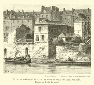 Entinen quai de la Cite, vastavirtaan Notre-Damen sillasta, noin 1780; aikalaisesta piirroksesta tekijältä French School