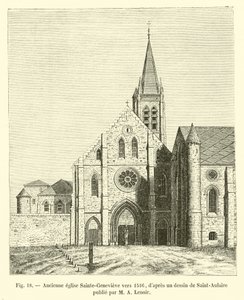 Entinen Sainte-Genevieven kirkko noin 1516, M A Lenoirin julkaiseman Saint-Aulairen piirustuksen jälkeen tekijältä French School