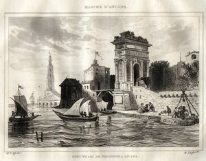 Ancona - Ancona - Italia - Trajanuksen kaari, muinainen roomalainen Apollodoron teos - Kaari on sijoitettu Anconaan - Kaiverrus "Italia maalauksellisesta"" - Italian historiallinen ja kuvaava maalaus", M. de Norvins, Ch. Nodier 1834-1836. tekijältä French School