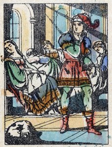 Nimetön kuvitus ranskalaisen kirjailijan Charles Perraultin (1628-1703) tarinaan "La belle au bois dormant". Puukaiverrus Imaging Pellerin - Epinal, sd. 1800-luvun loppu. tekijältä French School