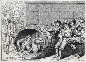 Antisemiittien vaino 1600-luvulla: Rooman asukkaat pyörittelevät juutalaista tynnyrissä. Kuvitus "Meo Pataccasta", Giuseppe Bernerin (1637-1700) runo. Kaiverrus Bocourt. tekijältä French School