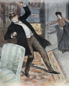 Apopleksiakohtaus (aivojen toiminnan äkillinen lopettaminen aivojen verenkiertohäiriön vuoksi). Kuvitus 1800-luvun lopusta Max Villemerin romaanille "" gogosse". tekijältä French School