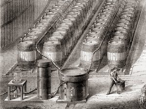 Laite, jota käytetään vetykaasun valmistamiseksi rikkihapon vaikutuksella rautaan täytettäessä ilmapalloa, "Les Merveilles de la Science", julkaistu n. 1870 (litho) tekijältä French School