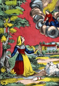Siunatun Neitsyt ilmestyy pyhille sisarille Benoitelle, joka tunnetaan Lausin paimentyttärenä. Kuva Epinalista, 1800-luvun ensimmäinen puolisko tekijältä French School