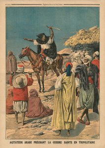 Arabiagitaattori saarnaa pyhää sotaa Tripolitaniassa, kuvitus "Le Petit Journalista", liitekuva, 19. marraskuuta 1911