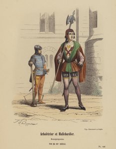 Varsijousimies ja Halberdier, Burgundialaiset, 1400-luvun loppu (värillinen kaiverrus) tekijältä French School