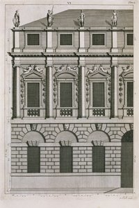 Bernard Picartin (1673-1733) kaivertama palladialaisia mittasuhteita esittävä arkkitehtoninen suunnittelu n. 1716 tekijältä French School