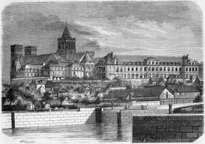 Arkkitehtuuri: näkymä Abbey aux Dames (noin 1060) ja Pyhän kolminaisuuden kirkko (romaaniseen tyyliin). Caen, Calvados (14) tekijältä French School