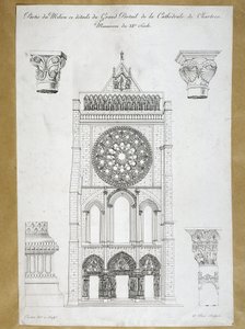Arkkitehtuuri: näkymä Cathedrale de Chartresin suuresta portaalista - 1100-luvun muistomerkki 1800-luvun levy tekijältä French School