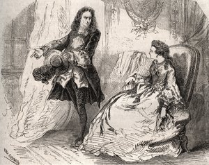 Armande Bejart (1641-1700), Jean Baptiste Poquelin dit Molieren (1622-1673) vaimo rakastajansa, Guichen kreivin kanssa, kaiverrus vuodelta 1871 Henry de Kockin (1819-1892) "Histoire Des Cocus Celebres" -kirjaan. tekijältä French School