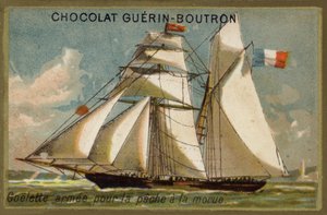 Aseistettu turskanpyyntikuunari (chromolitho) tekijältä French School