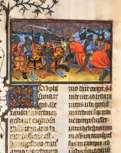 Armeijan taistelija. Pienoiskuva italialaisen tutkijan, runoilijan ja humanistin Francesco Petrarchin tai Petrarkan (1304-1374) käsikirjoituksesta, De Viris Illustribus, 23rv. Valencian yliopiston kirjasto. tekijältä French School
