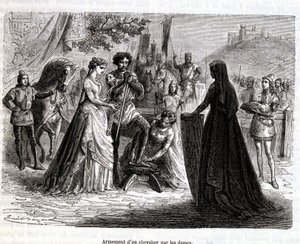 Ritarin aseistaminen naisten toimesta 1100-luvulla - Martinin "Histoire de France" -teoksessa. tekijältä French School