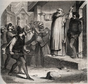 Arnaud du Tilh (Thil) on kiinnitetty hirsipuuhun ja joutuu väkijoukon loukkausten kohteeksi ennen teloitustaan Martin Guerren (noin 1524 noin 1560) henkilöllisyyden kaappauksesta. Kaiverrus vuodelta 1871 Henry de Kockin teokseen "Histoire Des Cocuses Celeb tekijältä French School