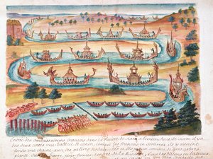 Ranskan suurlähettiläiden saapuminen Siamiin, kertomus jesuiitoista Siamissa, 1688 (wc paperilla) tekijältä French School