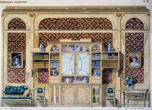 Art nouveau -tyylinen kirjasto, kuvitus Interieurs Modernes -lehdestä (Modernit sisätilat) tekijältä French School