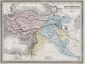 Vähä-Aasia, Armenia, Mesopotamia, Assyria ja Syyria antiikissa - Levy poimittu Vuilleminin "" Muinaisen ja modernin maantieteen yleismaailmallisesta atlasesta asuinkoulujen käyttöön" - noin. 1845 tekijältä French School