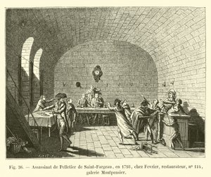 Pelletier de Saint-Fargeaun salamurha vuonna 1793 Fevrierissä, restauraattori, nro 114, Montpensier-galleria tekijältä French School