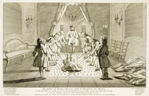 Vapaamuurarien kokoonpano mestarin vihkimistä varten, julkaisusta The Ceremonies of Religion and Custom, n. 1733 tekijältä French School
