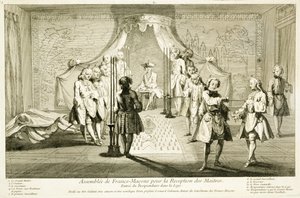 Vapaamuurarien kokous mestarin vihkimistä varten, ehdokkaan sisäänkäynti looshiin, julkaisusta The Ceremonies of Religion and Custom, n. 1733 tekijältä French School