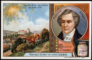 Tähtitiede: aeroliitin putoaminen keskipäivällä, Francois Aragon (1786-1853) muotokuva - Liebigin kromolitografia tekijältä French School