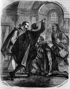 Jean Chastelin (Jean Chatel) (1575-1594) salamurhayritys Ranskan kuninkaaseen Henrik IV:ään 27. joulukuuta 1594. Kaiverrus 1800-luvulta. tekijältä French School