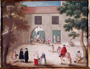 Aumones Port Royal des Champsin luostarin pihalla Näkymä Port-Royal-des-Champsin sisäpihalle. Anonyymi maalaus ranskalaisesta koulusta tekijältä French School
