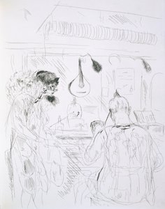 Kulissien takana oleva kohtaus Pariisin Bal de Nuitissa tai sirkuksessa, elokuvasta Paris Sketches: Etchings by Forain and Raffaelli, 1880 tekijältä French School
