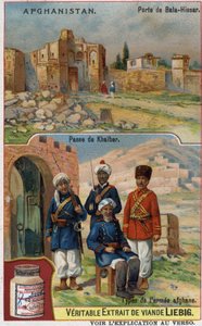 Bala-Hissar Gate Afganistanissa ja Afganistanin armeijan sotilaat Khaiberin ylityspaikalla. Mainoskromolitografia 1800-luvulta. tekijältä French School