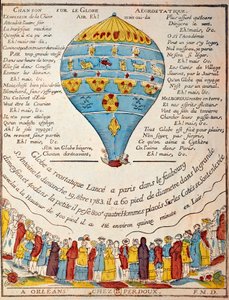 Ilmapallolento: Montgolfierin veljesten kokemus 19. lokakuuta 1783 Monsieur Reveillonin puutarhassa, faubourg Saint Antoinessa Pariisissa. Aikakauden kaiverrus. Pariisi, B.N. tekijältä French School