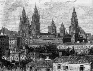 Barokkitide: näkymä Santiago de Compostelan katedraalille (Santiago de Compostela). Espanja. Kaiverrus "" Le Monde Illustré" -julkaisussa nro 1220, 14. elokuuta 1880. tekijältä French School