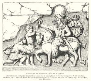 Bareljefi lähellä Kazerunia, Iran, kuvaa Sasanian kuninkaan Shapur I:n voittoa Rooman keisari Valerianuksesta Edessan taistelussa, 260 (kaiverrus) tekijältä French School