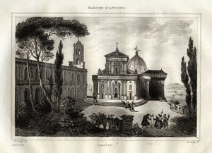Basilica della Santa Casa - Loreto - Loretten pyhäkkö - Loreto - Loreton Neitsyt Marian basilika - Loreton pyhä talo tai Nasaretin talo - Kaiverrus "" Maalauksellisesta Italiasta"" - Italian historiallinen ja kuvaava maalaus", kirjoittaja M. de Norvins, Ch tekijältä French School